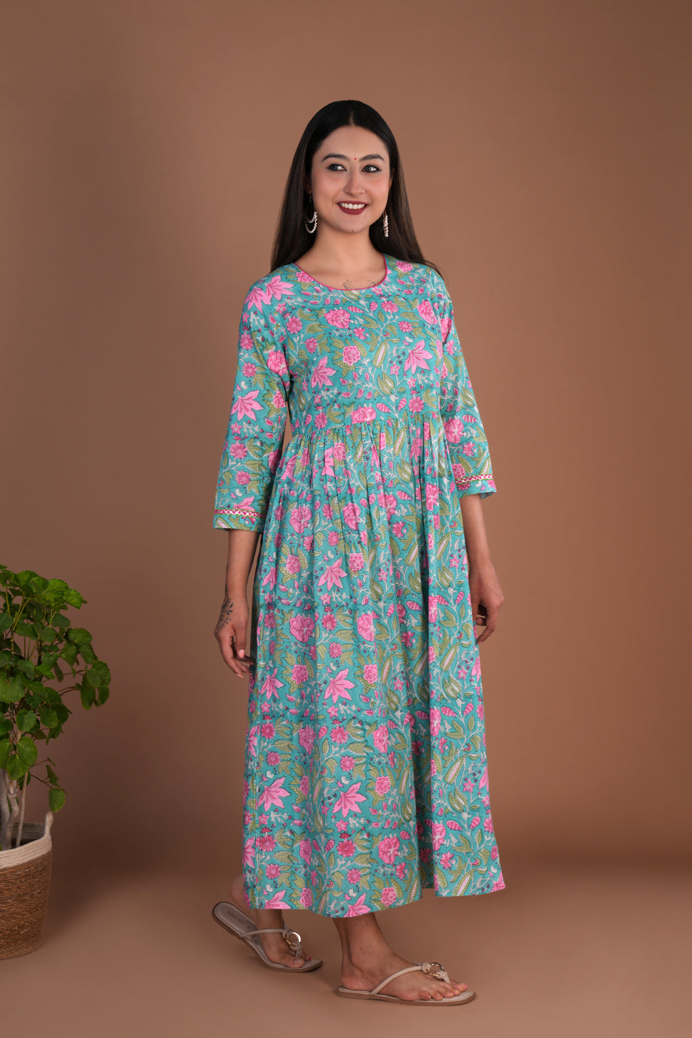 Image of Green Floral hand block printed pure cotton long kurta